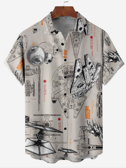 Men's Shirts Summer Hawaiian Casual Seaside Beach Tops Cartoon Planet Rocket Print Button Short-sleeve Oversized Shirts Chemise