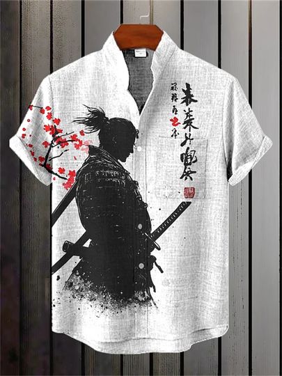 Discover Men's short-sleeved shirt, samurai ink painting print, loose and breathable casual top, trendy retro design Hawaiian shirt.