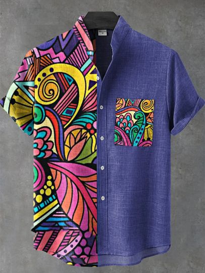 New ethnic-style shirt pattern casual design men's linen printed short-sleeved shirt button fashionable top