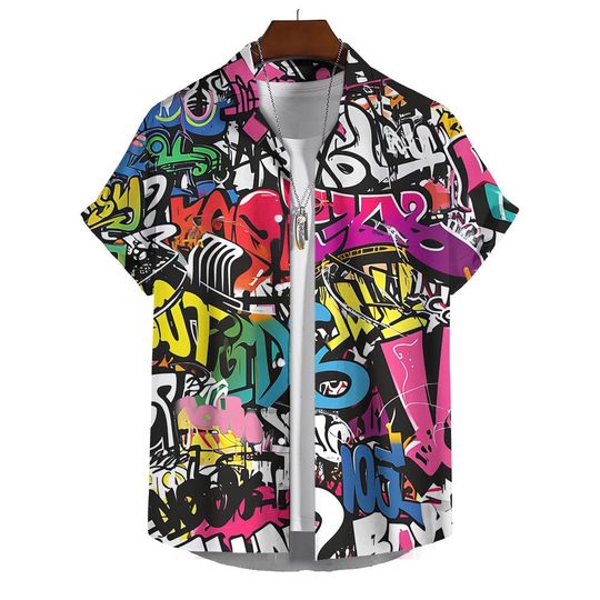 Discover Hawaiian Shirt Short-Sleeved Shirt Men's Lapel Button-Down Shirt Graffiti Print Clothing Street Casual Loose Clothes 2024Fashion