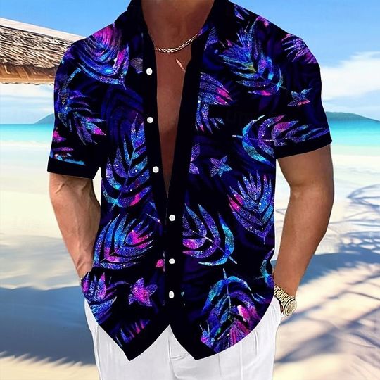 Discover Men's Leaf Tropical Plants Neon Glow Summer Hawaiian Shirt Aloha Shirt Short Sleeve Hawaiian Vacation Beach Wear Summer