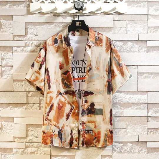 Discover Gray men's short-sleeved floral shirt summer thin ice silk moisture-wicking breathable casual trend shirt