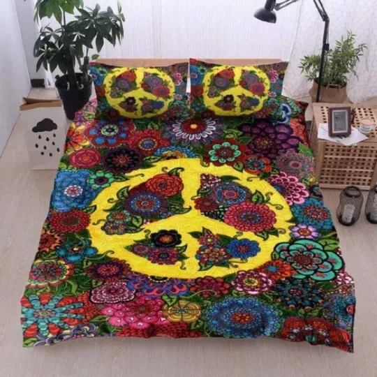 Discover Floral Hippie Symbol Bedding Set Duvet Cover Set for Single, Double, King with Pillowcases