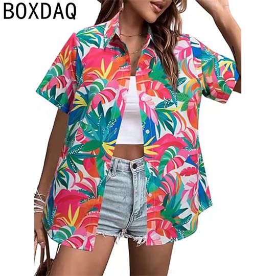 Discover Tropical Coconut Tree Print Women's Hawaii Style Shirt Summer Lapel Short Sleeve Single Breasted Casual Personalized Shirt Tops