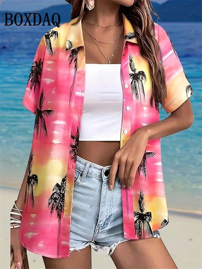 Discover Summer Fashion Women Blouse Hawaiian Coconut Tree Print Short Sleeve Lapel Casual Button Shirt Tops Women's Beach Hawaiian Shirt