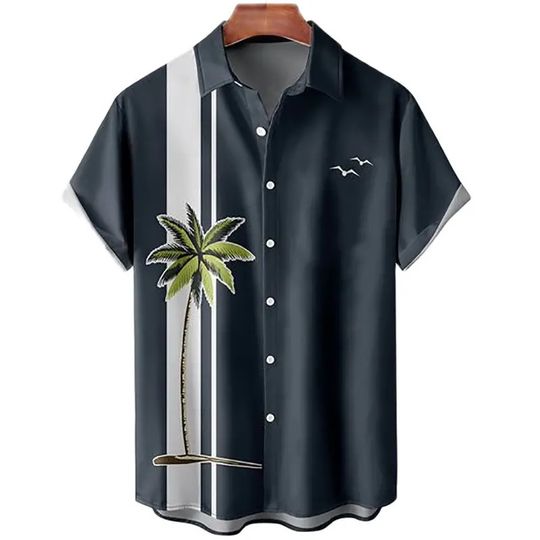 Discover Summer Hawaiian shirt for men - Coconut tree print - Beach short-sleeved top suitable for vacation - Classical style clothing -