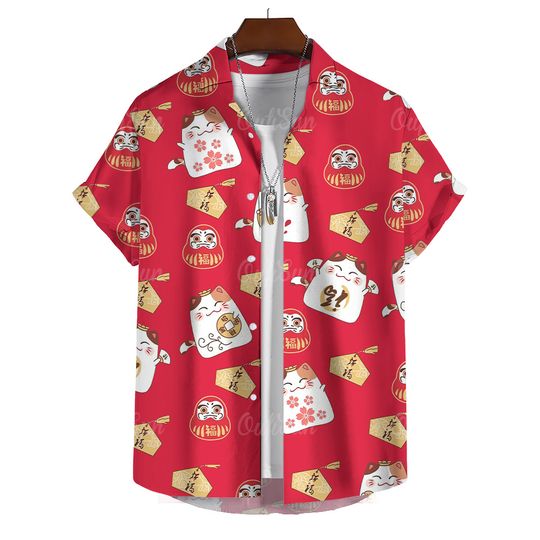 2024 Lucky Cat Graphic Shirt For Mens Short Sleeve Tops Spring Summer Clothing Oversized Hawaiian Shirts Casual Male Apparel