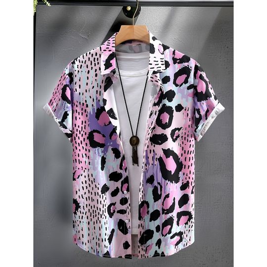 Discover Gradient Leopard Pattern Hawaiian Shirt For Men Dog Cat Fish 3D Print Short Sleeves Summer Loose Aloha Shirts Unisex Blouse Tops