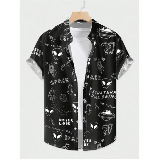 Discover Rocket UFO Pattern Aloha Shirt for Men Women Artistic Abstraction 3D Printed Blouse Kid Short Sleeve Lapel Loose Hawaiian Shirts