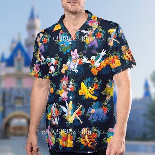Discover Minnie Mickey Hawaiian shirt boys and girls short-sleeved button beach shirt Disney unisex Hawaiian T-shirt beach top 2025