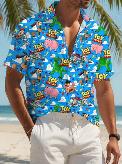Men Hawaiian Beach Shirt Anime Toy Story Print Streetwear Men Women Casual Oversized Short Sleeve Shirt Tops Blouse Man Clothing