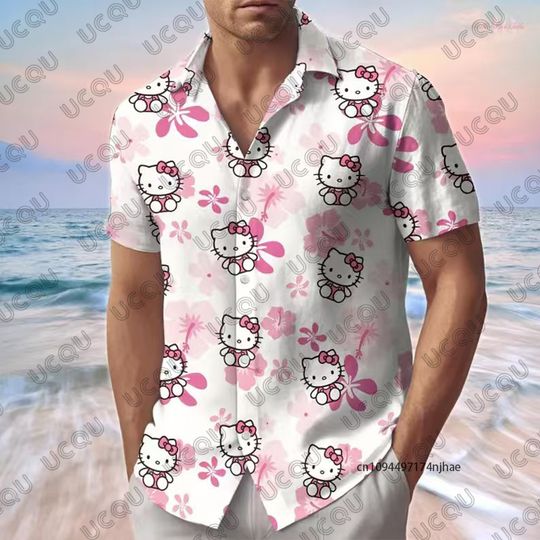 2026 New Men's Lapel Short Sleeve Hawaiian Shirt Summer Hello Kitty Print Hawaii Casual Vacation Couples Y2k ​Kids/Adult Tops