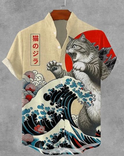 Discover Men's Samurai Hawaiian Shirt Casual Short Sleeve Top Loose Clothing Fashion Retro Summer Shirt