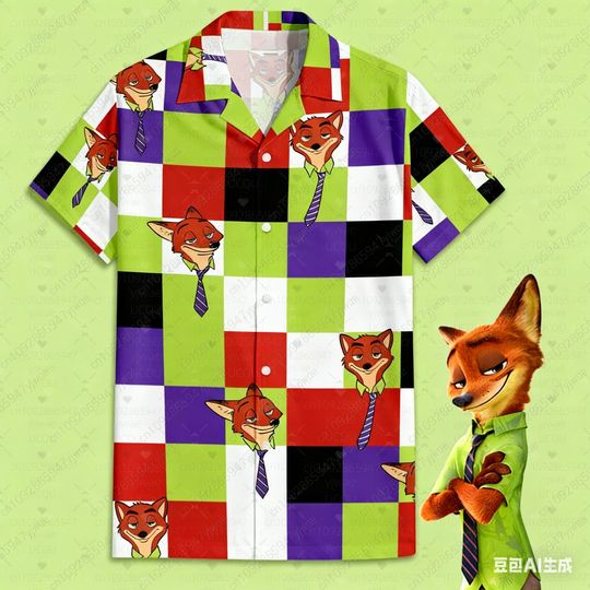 Discover 2025 Autumn Men Zootopia Nick Wilde Hawaiian Button Up Shirt, Men Short Sleeve Disney Zootopia Hawaiian Casual Shirt Men Clothin