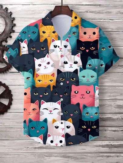 Discover Men's Hawaiian Shirt Top With 3D Cartoon Cat Pattern Casual Short-Sleeved Women's Wide Neutral Dress With Lapels And Buttons