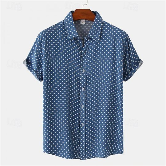 Men's Summer Casual Shirts, Beach Button-Down Shirts, Black, White, Pink, Navy Blue, Blue Polka Dot Short-Sleeve Shirts