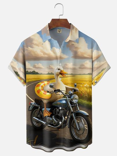 Discover Men's short-sleeved shirt with fun abstract duck riding a motorcycle 3D print, a holiday Hawaiian shirt