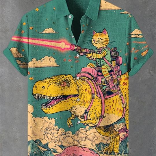 Discover Men's Cyberpunk Cat Print Short Sleeve Lapel Shirt Hawaiian Holiday Casual Breathable plus Size Fashionable Clothing