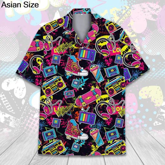 Discover Retro 80s Pop Art Hawaiian Shirt 2025 Neon Cassette Skateboard Headphone Shirt, Vintage 90s Party Button-Up Summer Unisex Shirts