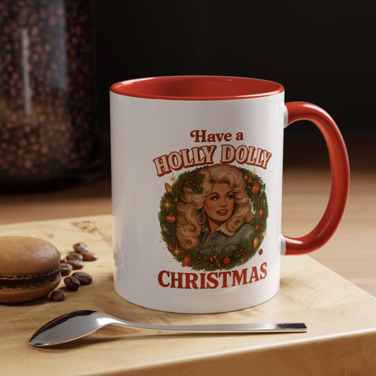 Holly Dolly Christmas Mug, Festive Holiday Ceramic Cup for Coffee and Hot Cocoa