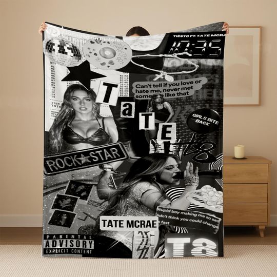 Discover Tate McRae Fleece Blanket, Music Aesthetic Rockstar Collage Throw, Pop Singer Fan Gift, Y2K Black and White Bedroom Decor, Soft Cozy Blanket
