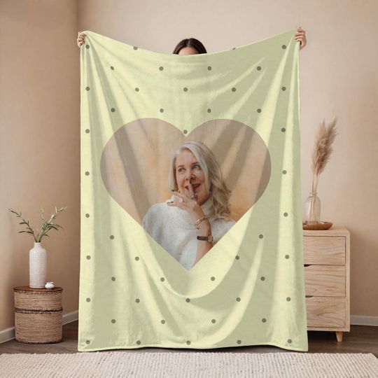 Discover Heart Personalized Photo Velveteen Plush Blanket - Yellow with Polka Dot