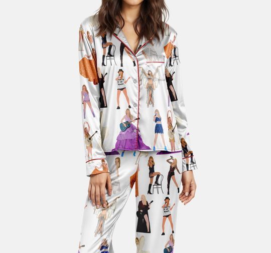 Discover TS The Eras Film Pajama Set for Adults, Pop Star Sleepwear, Music Lover PJs, Button-Up Silky Pajamas