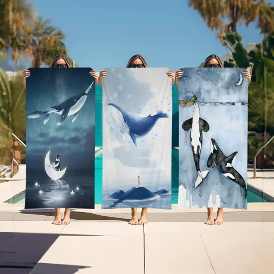 Discover Blue Watercolor Marine Animals Beach Towel Cartoon Cute Large Bath Pool Beach Towel Microfiber Absorbent For Swimming Travel