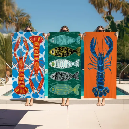 Discover Colorful Sardine Lobster Fish Ocean Animal Microfiber Printed Beach Towel Mountain Climbing Yoga Absorbent Soft Towel