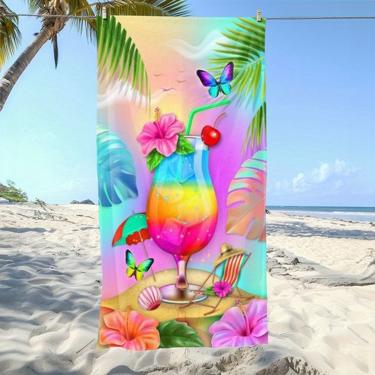 Discover Colorful Tropical Cocktails Beach Towel, Vibrant Summer Art Quick-Dry Sand-Free Microfiber Bath Towel for Pool, Travel and Beach