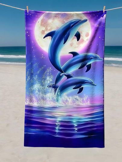 Discover Dolphin Jumping Moonlight Beach Towel Magical Ocean Design Soft Absorbent Poolside Mat Summer Essential