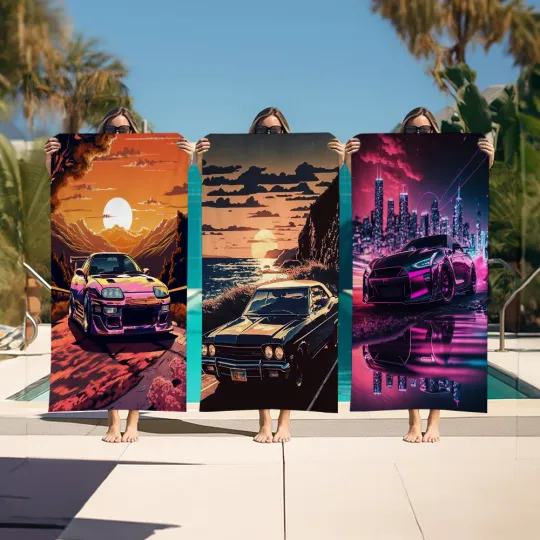 Discover Japanese Sports Car Neon Anime Beach Swimming Towel Soft Absorbent Washcloth Children's Gifts For Kids Travel Camping Gym