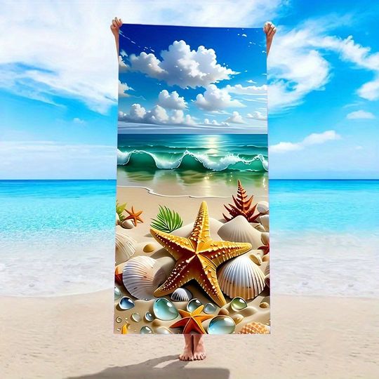 Discover Ocean Life Art Beach Towel, Starfish and Shell Cartoon Design Quick-Dry Sand-Free Microfiber Bath Towel for Pool and Bathroom