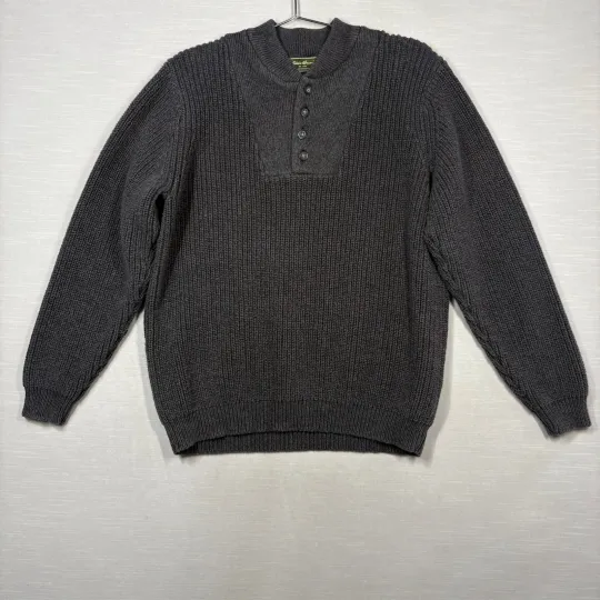 Discover Vintage Eddie Bauer Henley Sweater Men Large Gray Military Pullover Heavy Cotton