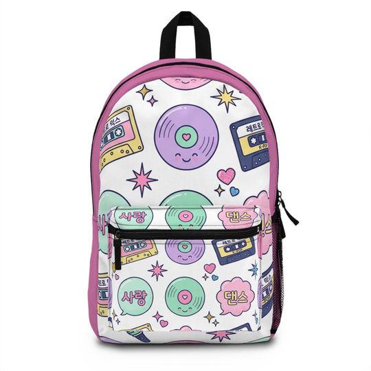 Discover Kawaii Retro K-Pop Mix Backpack | Vinyl Records, Cassette Tapes, Korean Text
