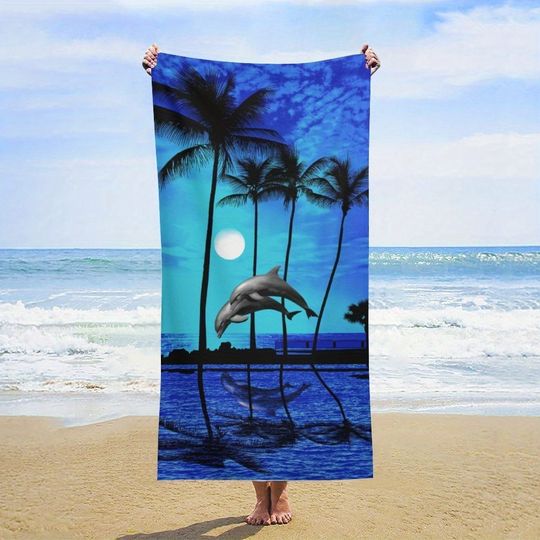 Discover Ocean Dolphin and Palm Tree Beach Towel, Tropical Island Art Quick-Dry Sand-Free Microfiber Bath Towel for Pool, Campingand Home