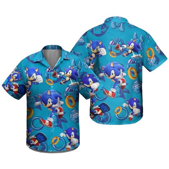 Hedgehog Cartoon Hawaiian Aloha Shirt, Summer Vintage Button Shirt, Sonic 3D Gift for Friend