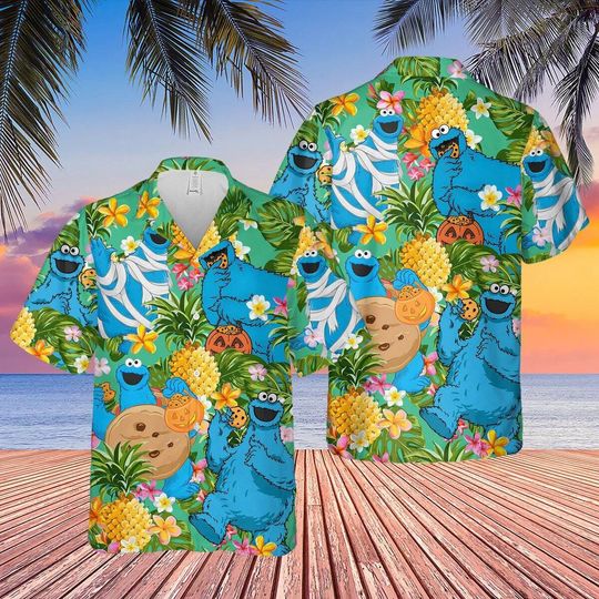 Muppet Cookie Monster Pineapple Tropical Hawaiian Shirt, Summer Funny Muppet Aloha Shirt, Vintage Button Hawaiian Shirt