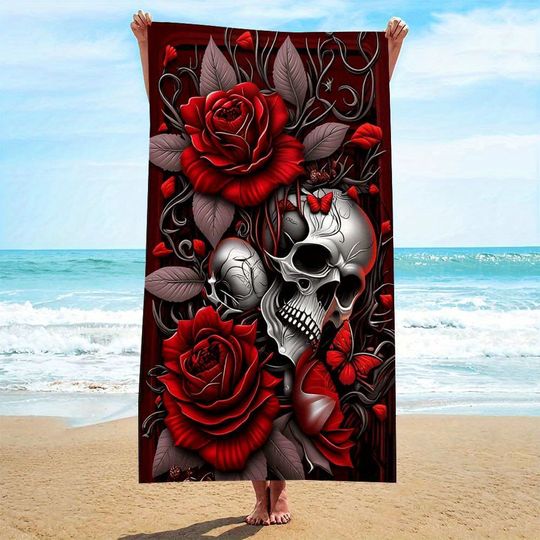 Discover Red Rose and Skull Art Beach Towel, Gothic Floral Design Quick-Dry Sand-Free Microfiber Bath Towel for Beach and Summer Pool