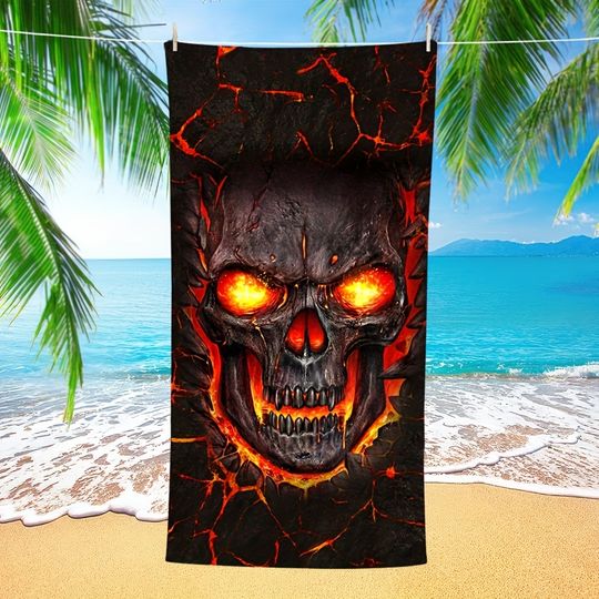 Discover Skull & Flame Beach Towel, Super Soft Absorbent Towel, Volcano Oversized Beach Towel For Bath, Swimming, Camping, Travel