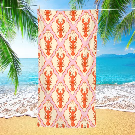 Discover Cute Cartoon Lobster Print Beach Towel, Fun Seafood Art Quick-Dry Sand-Free Microfiber Bath Towel for Swimming, Gym and Travel
