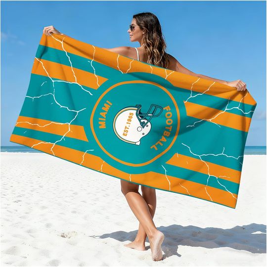 Discover Miami Football Fan Beach Towel, Aqua and Orange Team Color Design Quick-Dry Sand-Free Bath Towel, Unique Gift for Men