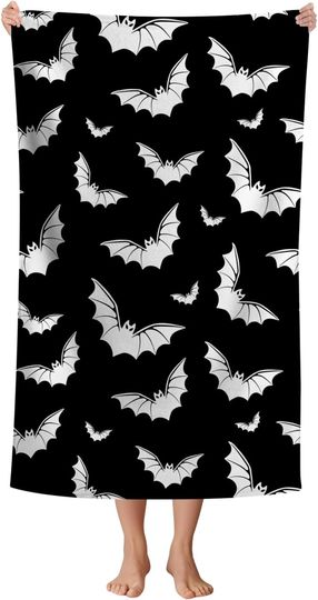 Discover Goth Bat Beach Towel, Black and White Gothic Halloween Bats Design Quick-Dry Sandproof Bath Towel for Swim, Travel and Yoga