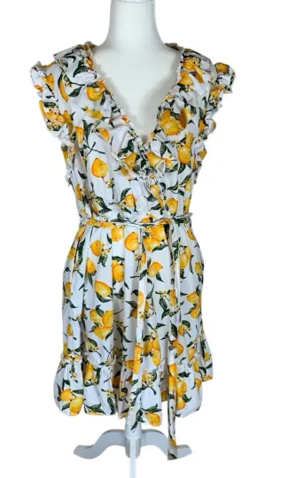 Discover Women's New York & Company White Lemon Print Ruffle V-Neck Knee Length Dress XL