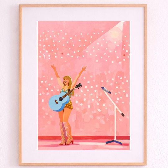Discover Performer Guitar Wall Art Printable | Concert Pop Star Illustration | Pink Music Art | A4 PDF JPG Download