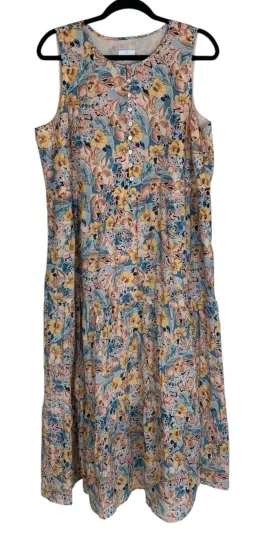 Discover Women's J. Jill Blue Yellow Floral Sleeveless 1/2 Button Cotton Maxi Dress L