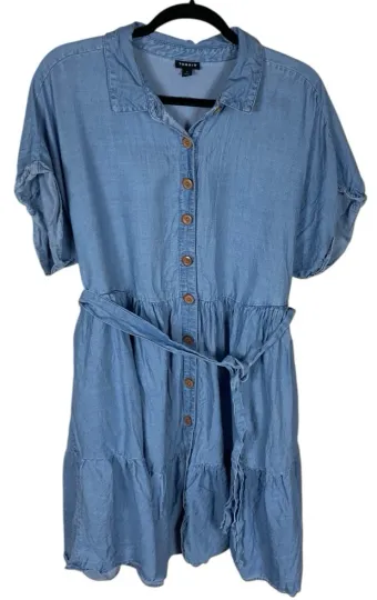 Discover Women's Torrid Blue Chambray Short Sleeve Tiered Button Front Dress Size 1X