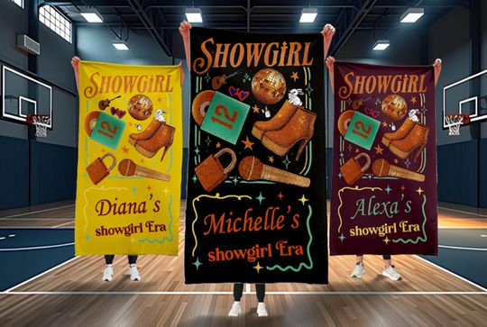 Discover Personalized Showgirl Era Towel, Custom Name Glam Bath & Beach Towel, Retro Sparkle Gift for Dancers, Xmas Gift, Glitter Retro Aesthetic
