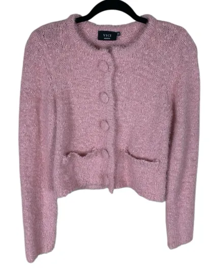 Discover Women's Vici Pink Long Sleeve Fuzzy Cropped Button Front Cardigan Size M