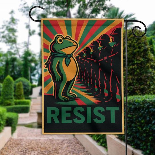 Resist Portland Frog, Protest Garden Flag, Resist Frog ICE Garden Flag, Race Against The Machine Resistance Flag, No Kings Flag